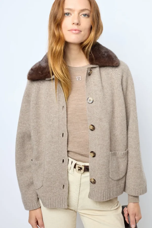 Online Cashmere cardigan with collar and fingerless gloves - JADWIGE Knitwear