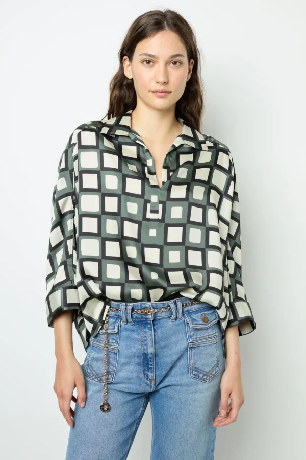 Fashion Satin look geometric print blouse - BUNNY Shirts & Blouses